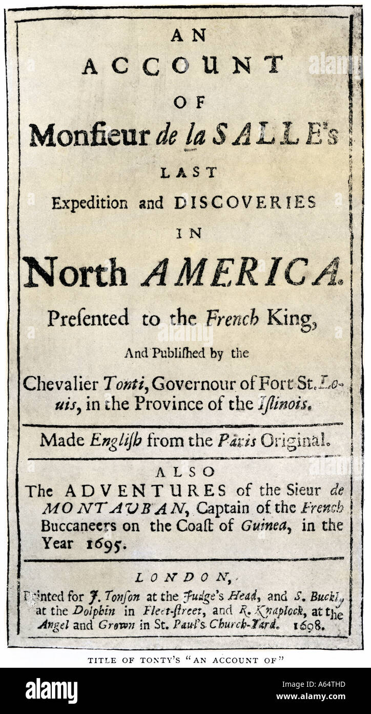 Página de título de Henri De Tonti cuenta la expedición de La Salle. Con un lavado de acuarela de semitono Foto de stock