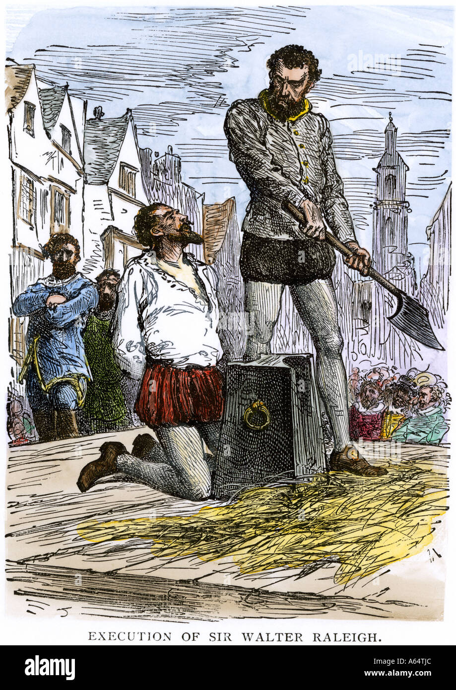 Ejecución de Sir Walter Raleigh en Inglaterra 1618. Xilografía coloreada a  mano Fotografía de stock - Alamy