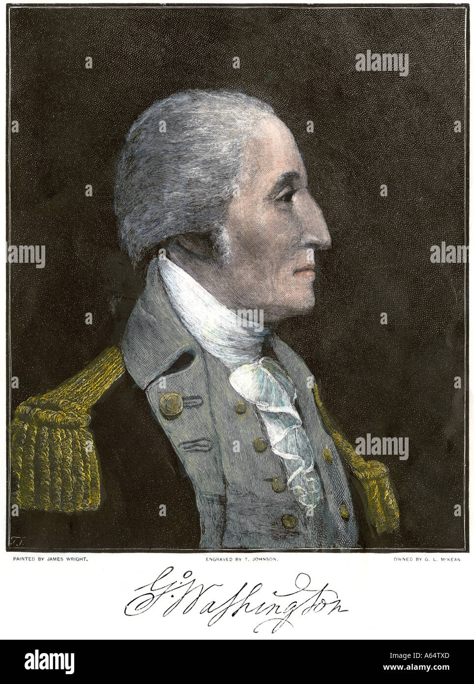 El General George Washington profile. Xilografía coloreada a mano Foto de stock