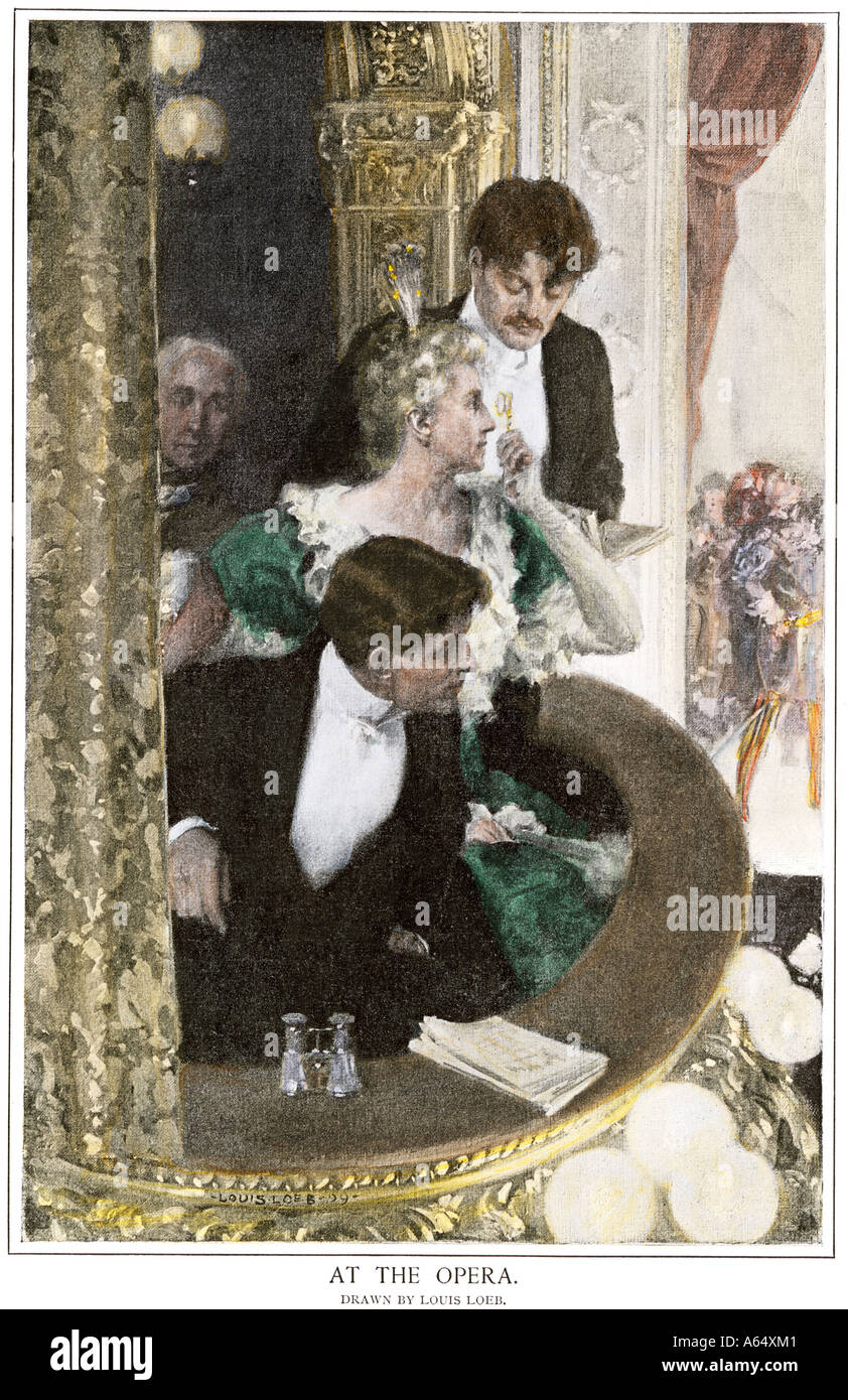 Familia Upperclass asistiendo a la ópera en sus asientos de tribuna circa 1900. Mano de color halftone de ilustración. Foto de stock