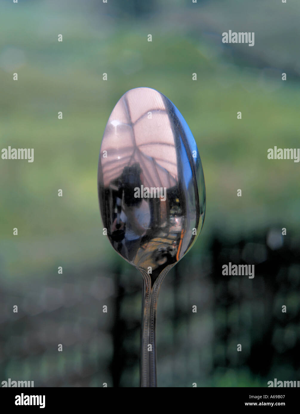 La superficie convexa de una cuchara actúa como un espejo, mostrando una  imagen distorsionada de la manera correcta Fotografía de stock - Alamy