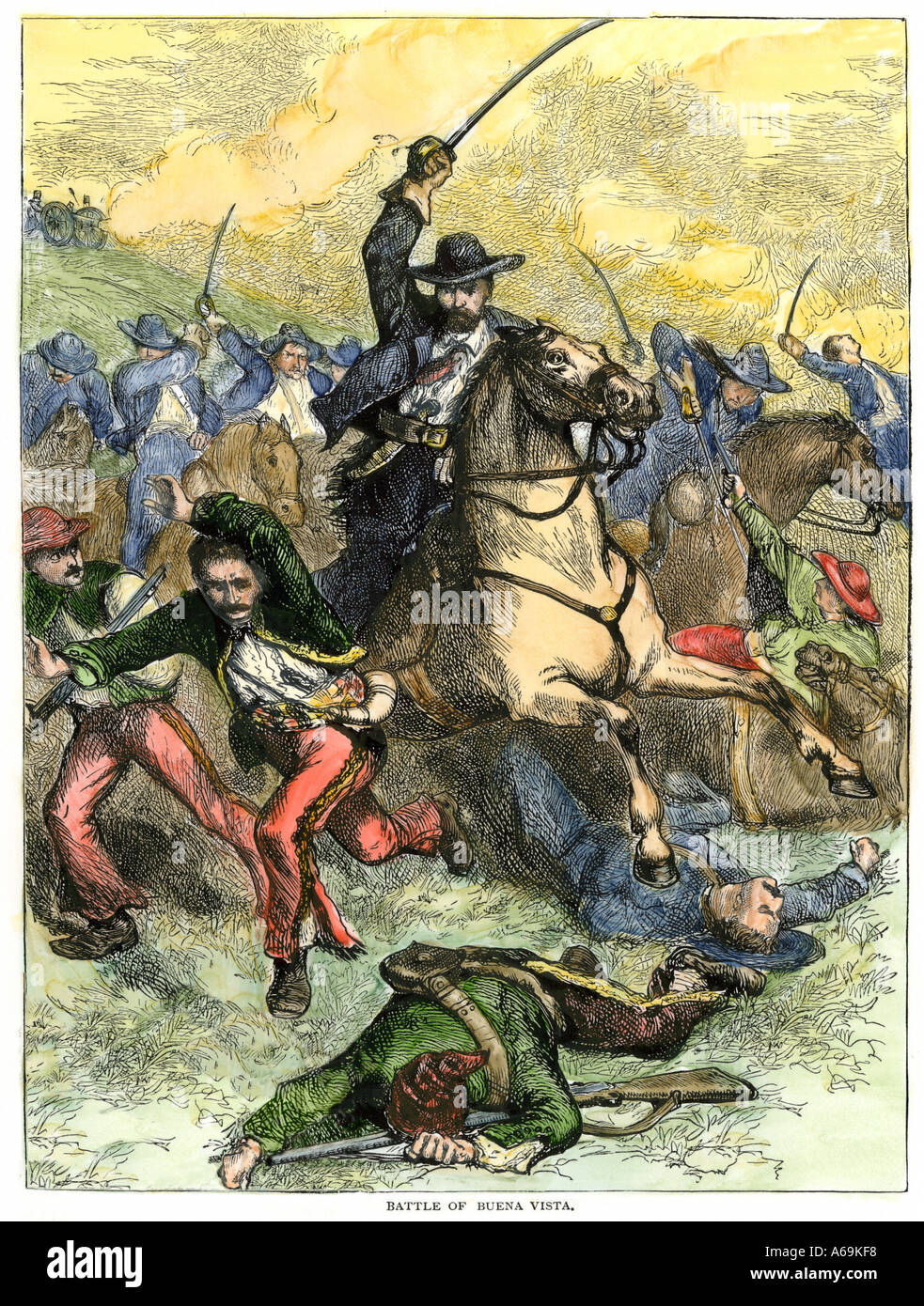 La batalla de Buena Vista durante la Guerra Mexicana de 1847. Xilografía coloreada a mano Foto de stock
