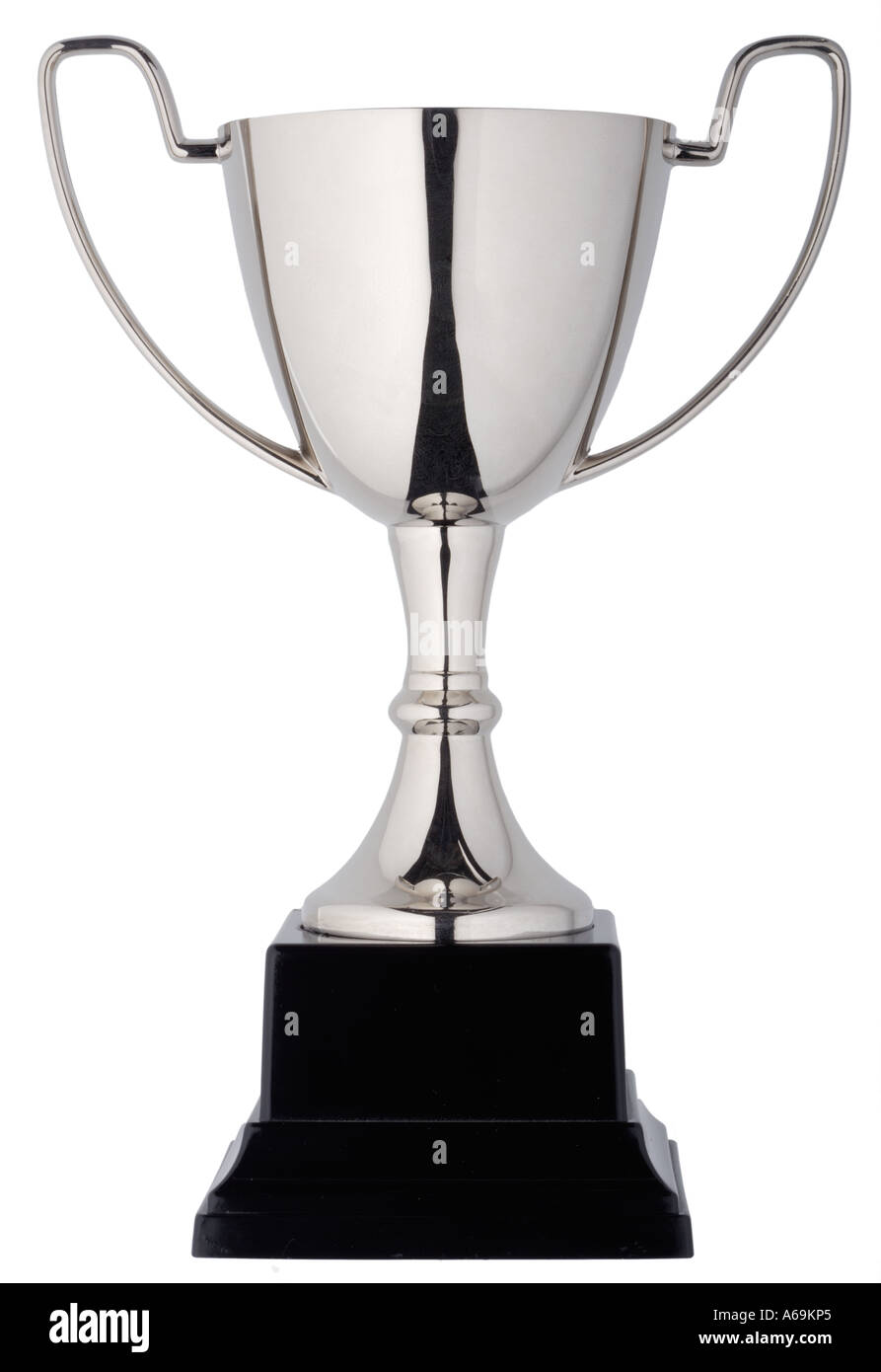 Premio Trofeo copa de plata con asas en un zócalo negro Foto de stock