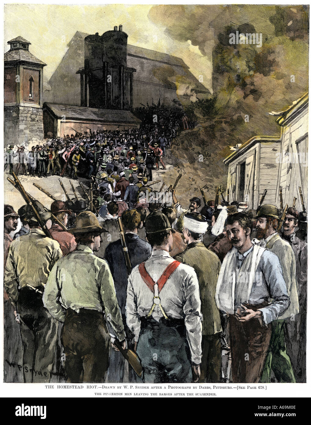 Pinkerton hombres dejando Carnegie Steel Works durante la huelga de Homestead de 1892. Xilografía coloreada a mano Foto de stock