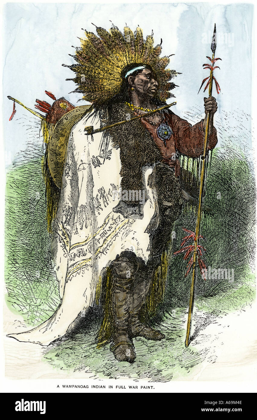 Wampanoag guerrero en traje tradicional de Massachusetts. Xilografía coloreada a mano Foto de stock