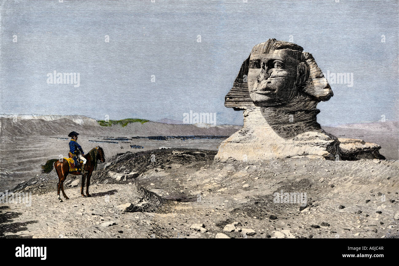 Napoleón y la Esfinge durante la invasión francesa de Egipto 1798. Xilografía Coloreada a Mano de Gerome pintura Foto de stock