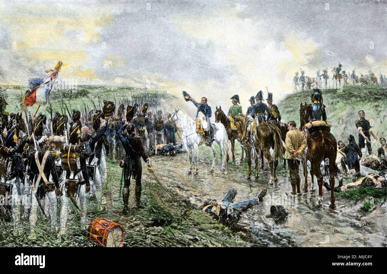 Napoleón y la vieja guardia antes de la batalla de Waterloo en 1815. Mano de color halftone de ilustración. Foto de stock