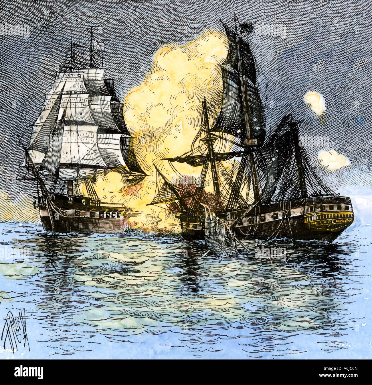 USS Chesapeake acoplando el navío británico Shannon durante la guerra de 1812. Xilografía coloreada a mano Foto de stock