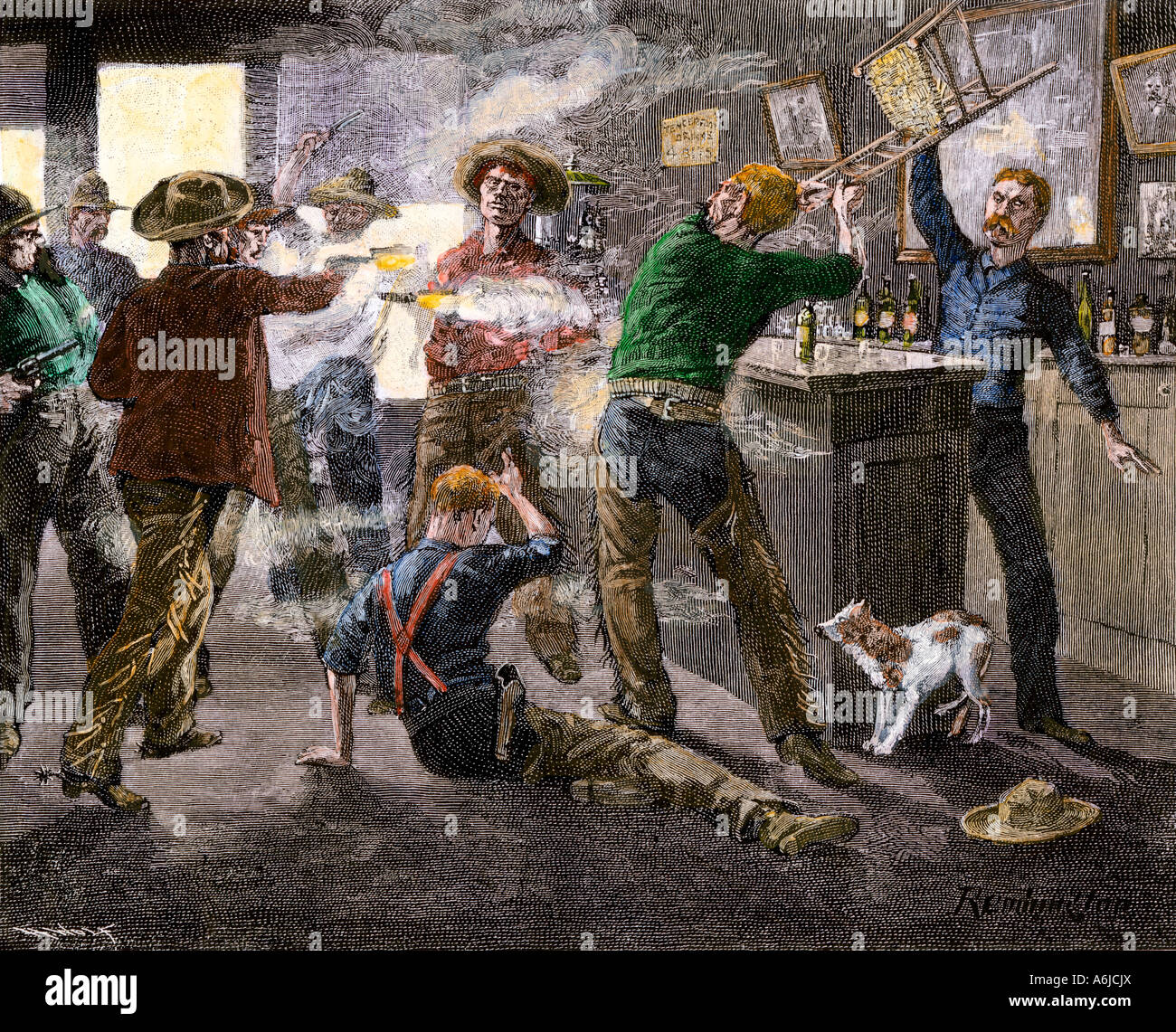 Saloon brawl en una ciudad ganadera occidental a finales de 1800. Xilografía coloreada a mano de un Frederic Remington ilustración Foto de stock
