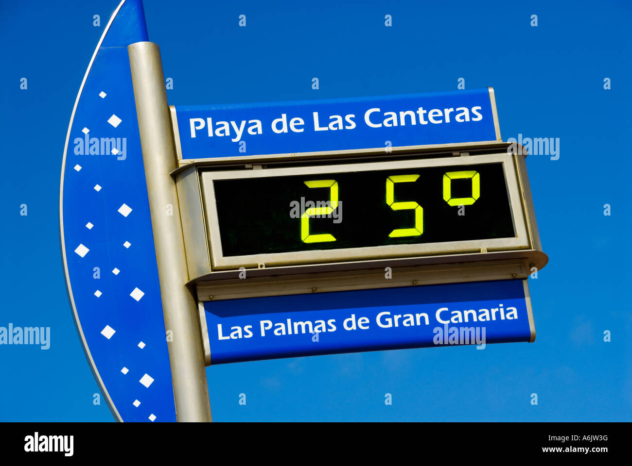 Pantalla digital de temperatura de 25 grados C en la Playa de las canteras  de Las Palmas de Gran Canaria Fotografía de stock - Alamy