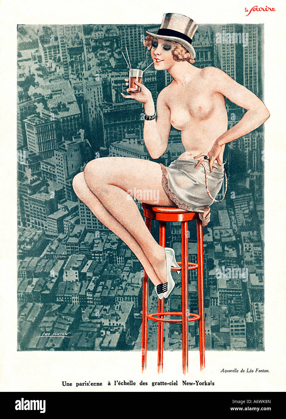 Une Parisienne una Nueva York 1927 una dama francesa a la escala de los rascacielos en este 1920 Magazine Illustration Foto de stock