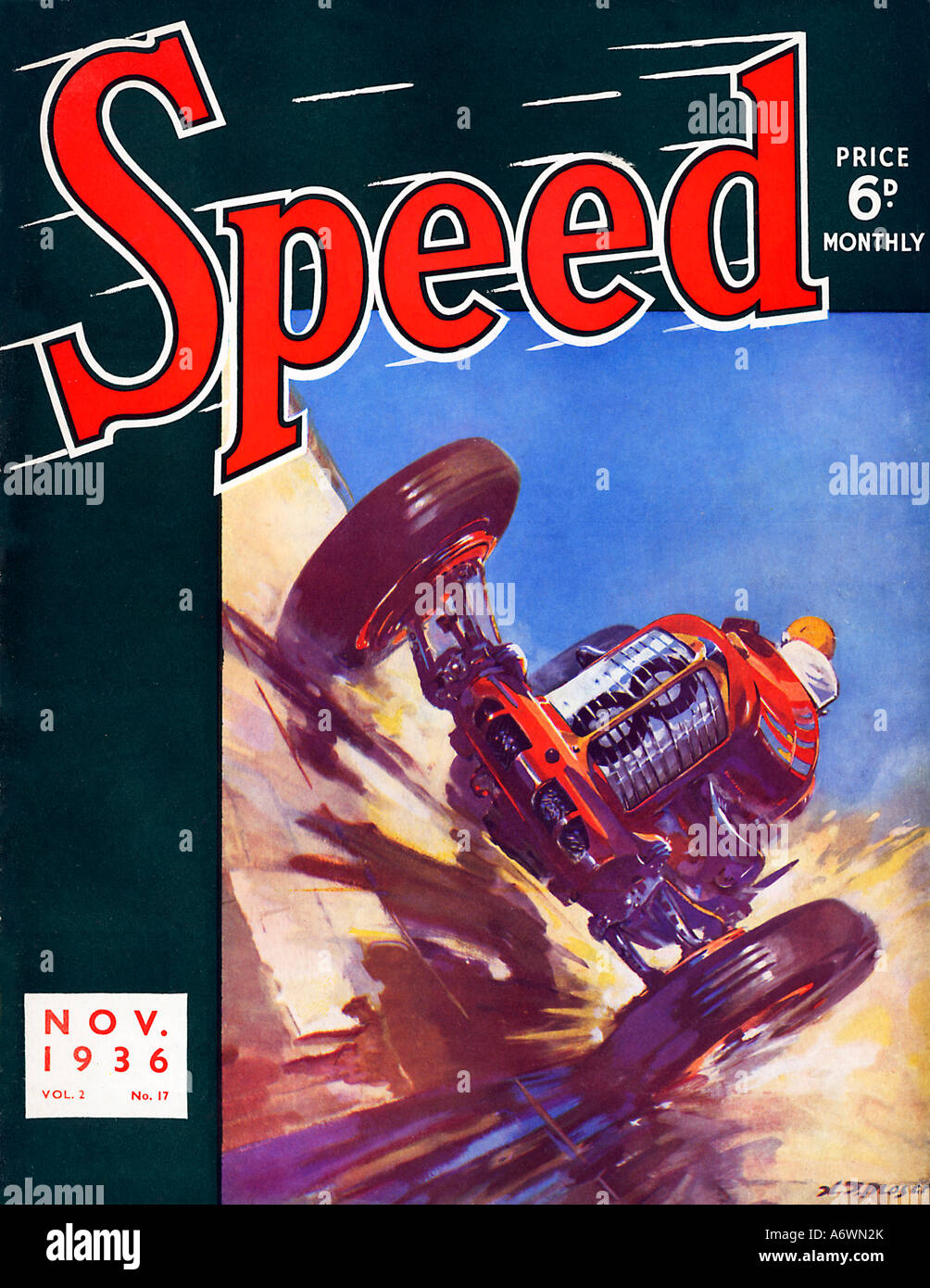 Velocidad Nov 1936 Portada de la revista para los entusiastas del deporte del motor con un coche de carreras tomando la banca Foto de stock