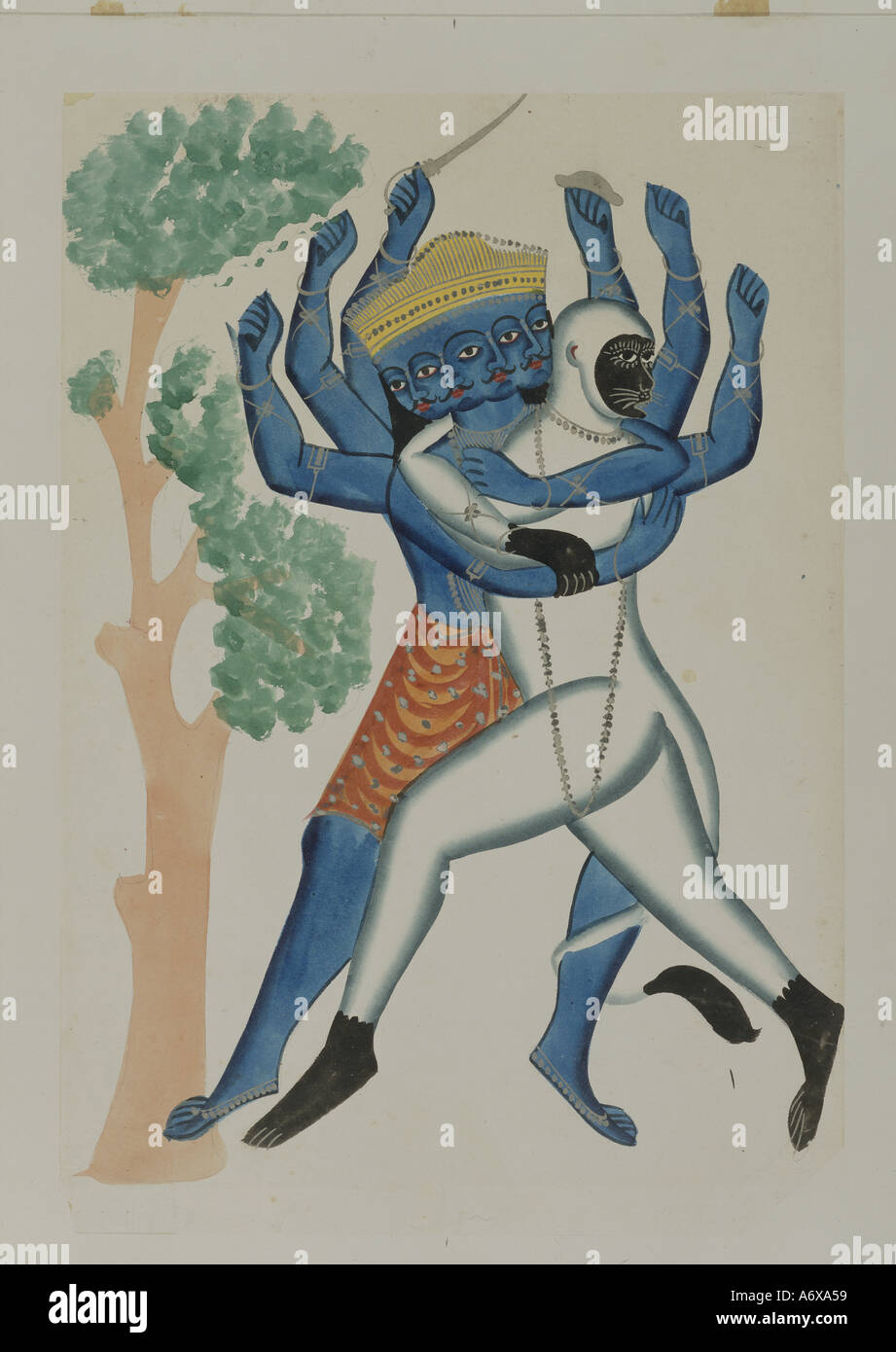 Hanuman luchando con Ravana. Estilo Kalighat. Calcuta, India, a finales del siglo xix, Foto de stock