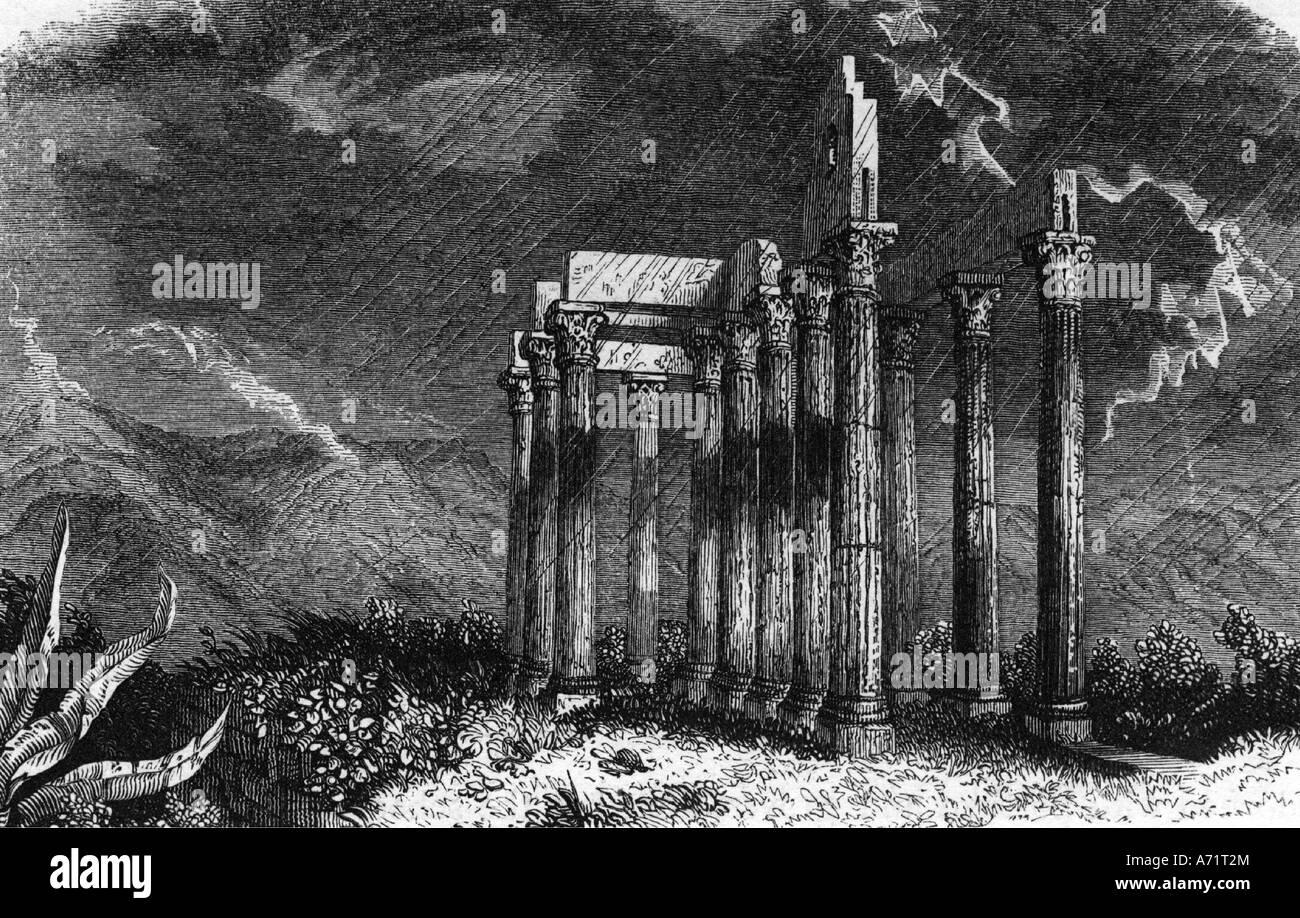 Geografía / viaje, Grecia, Olimpia, Templo de Zeus, ruinas en tormenta de truenos, grabado después de dibujar por G. F. Sargent, 1839, Foto de stock