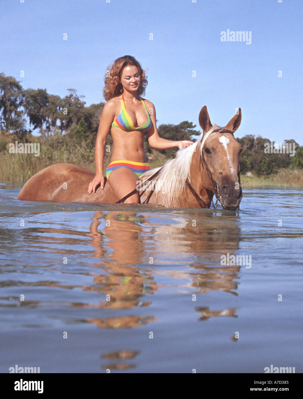 Girl in bikini horse riding fotografías e imágenes de alta resolución