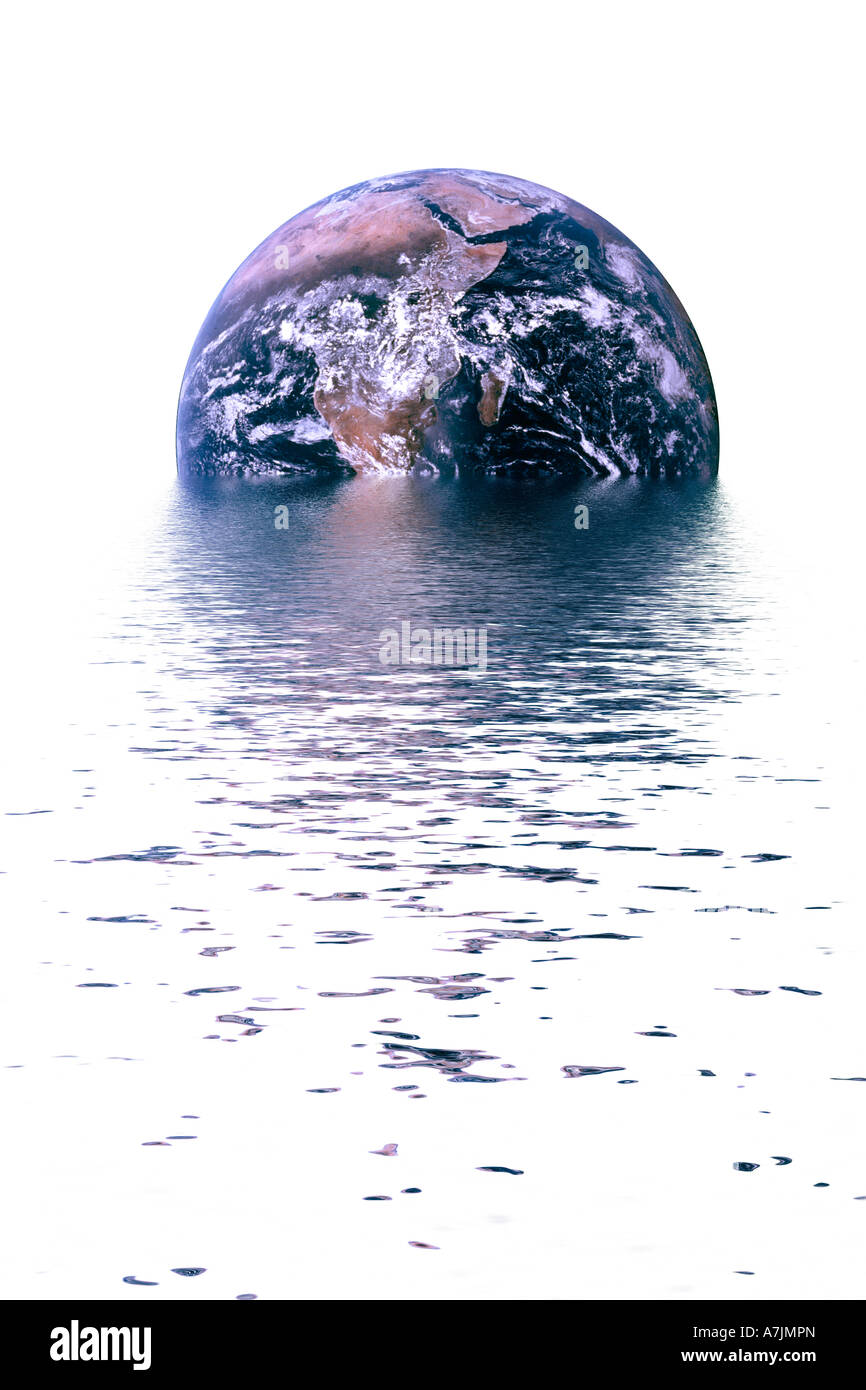 Concepto de ahogamiento Mundo y la subida del nivel del mar causado por el cambio climático Foto de stock