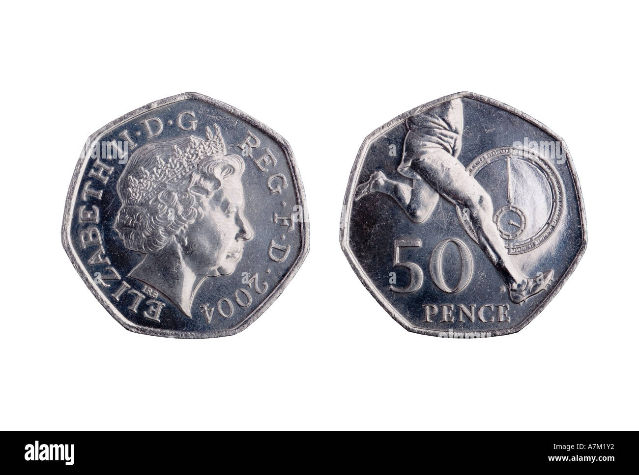 2004 59 50 peniques moneda para el 50º aniversario de la primera milla de cuatro minutos por Roger Bannister Foto de stock