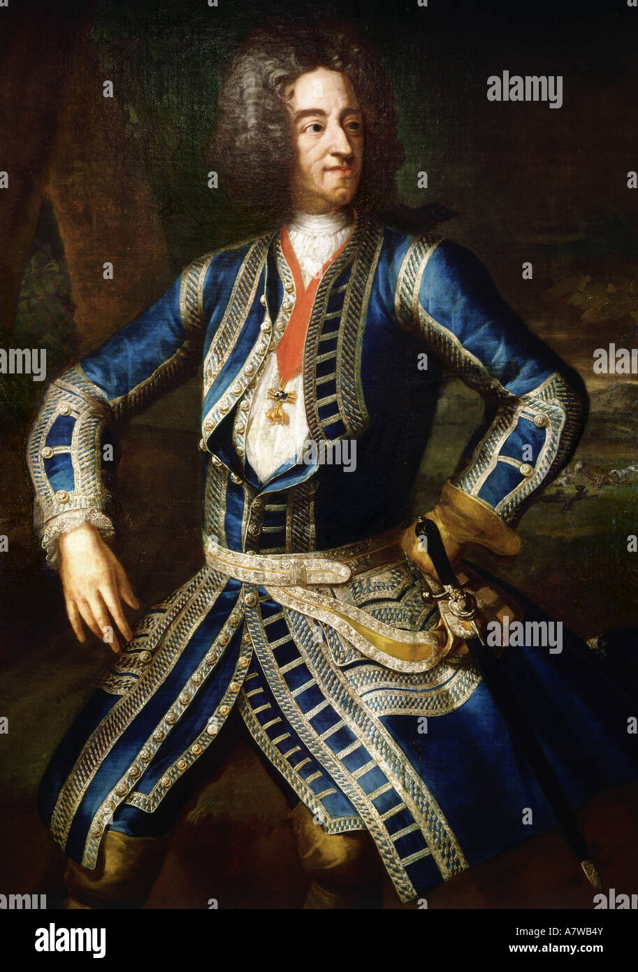 Maximilian II Emanuel , 11.7.1662 - 26.2.1726, elector de Baviera 26.5.1679 - 26.2.1726, la mitad de la longitud, en uniforme de caza de gala, pintura por George von Desmares (1697 - 1776), detalle, Museo de Caza Munich, , Foto de stock