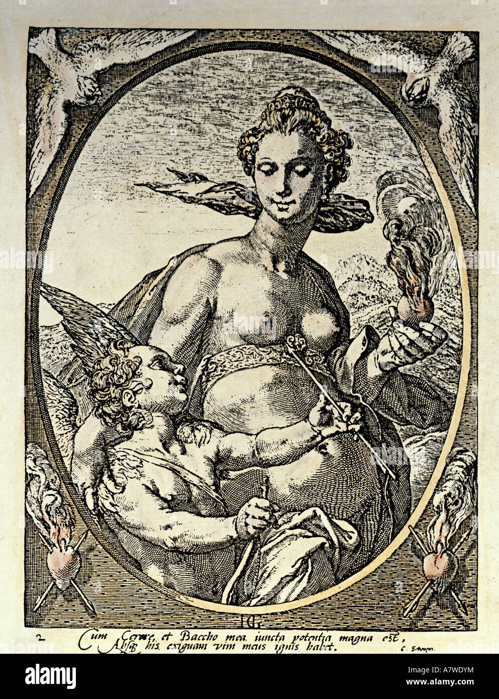 Venus, la diosa romana del amor, Venus y Cupido, grabado por Hendrik Goltzius, circa 1600, colección privada, , Copyright del artista no ha de ser borrado Foto de stock