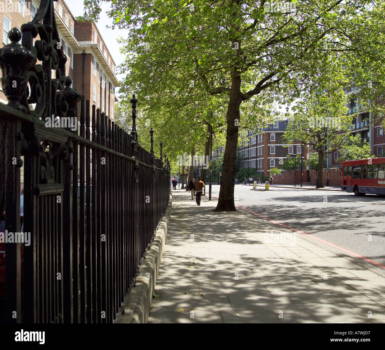 Calle arbolada en Londres con barandillas en un soleado día de abril Foto de stock