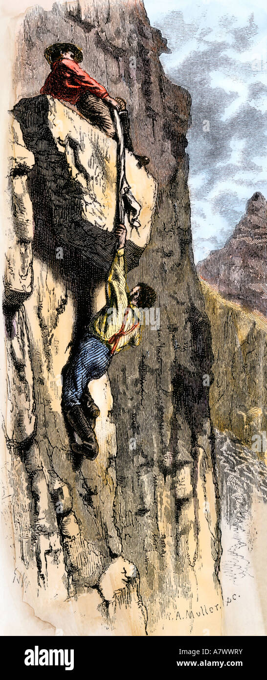 Powell expedición rescatando a sí mismos por la escalada de la Grand Canyon 1870. Xilografía coloreada a mano Foto de stock