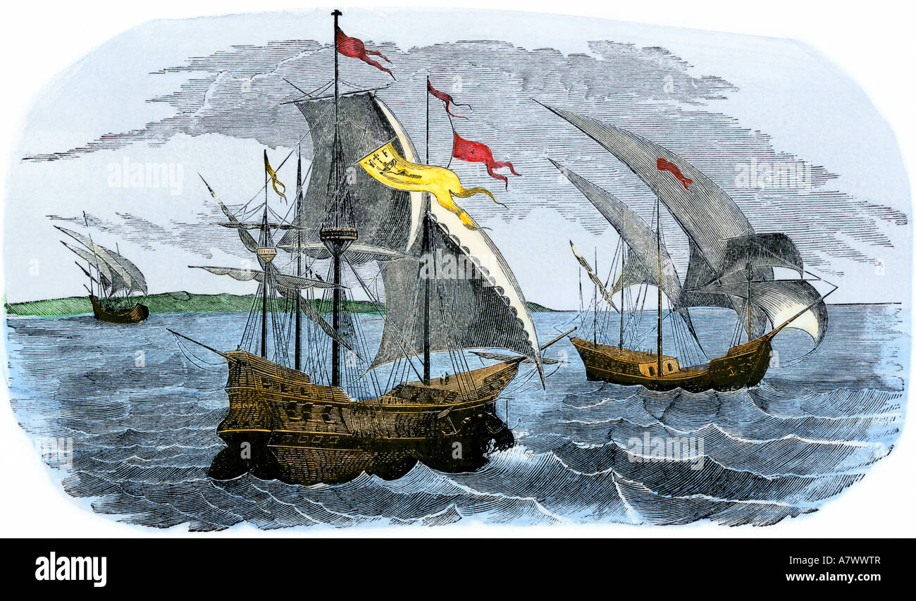 Los barcos españoles de Hernán Cortés a México de vela 1519. Xilografía coloreada a mano Foto de stock