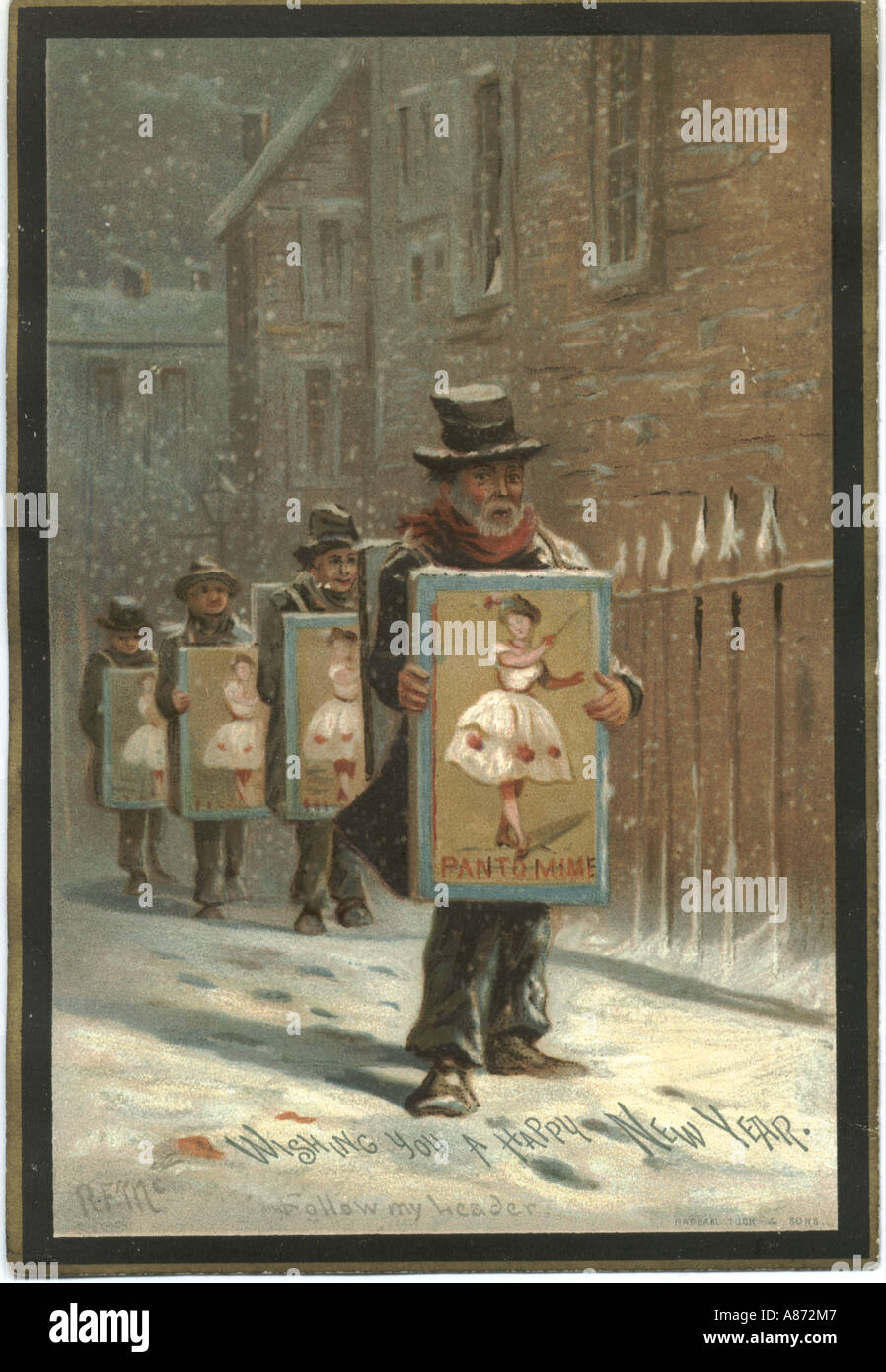 Tarjeta de felicitación de temporada circa 1880 por R F McCormack titulado siga mi líder Foto de stock
