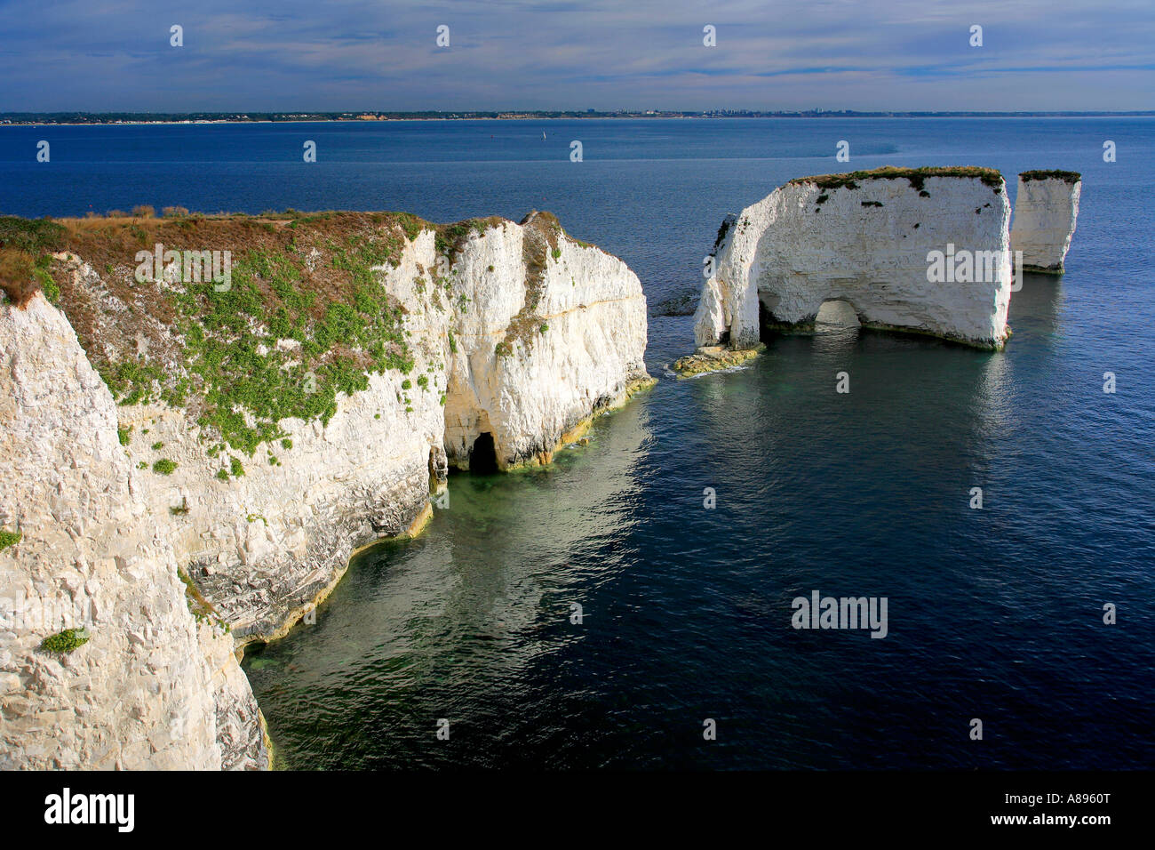 Mañana de Verano Old Harry Rocks Poole Bay costa Jurásica Dorset, Inglaterra Gran Bretaña UK Foto de stock