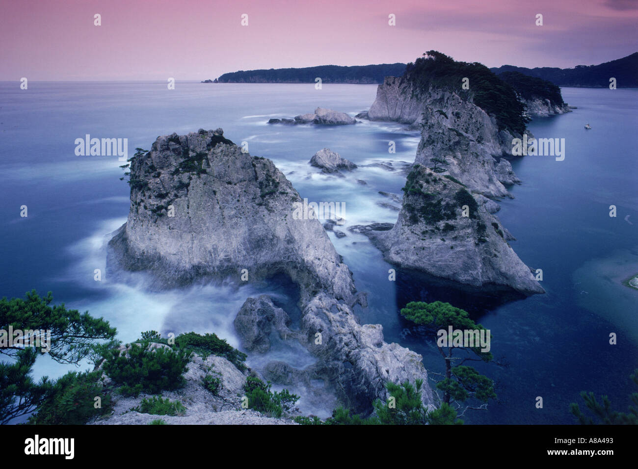 Costa rocosa en el Parque Nacional en Jodogahama Rikuchu en la isla de Honshu en Japón Foto de stock