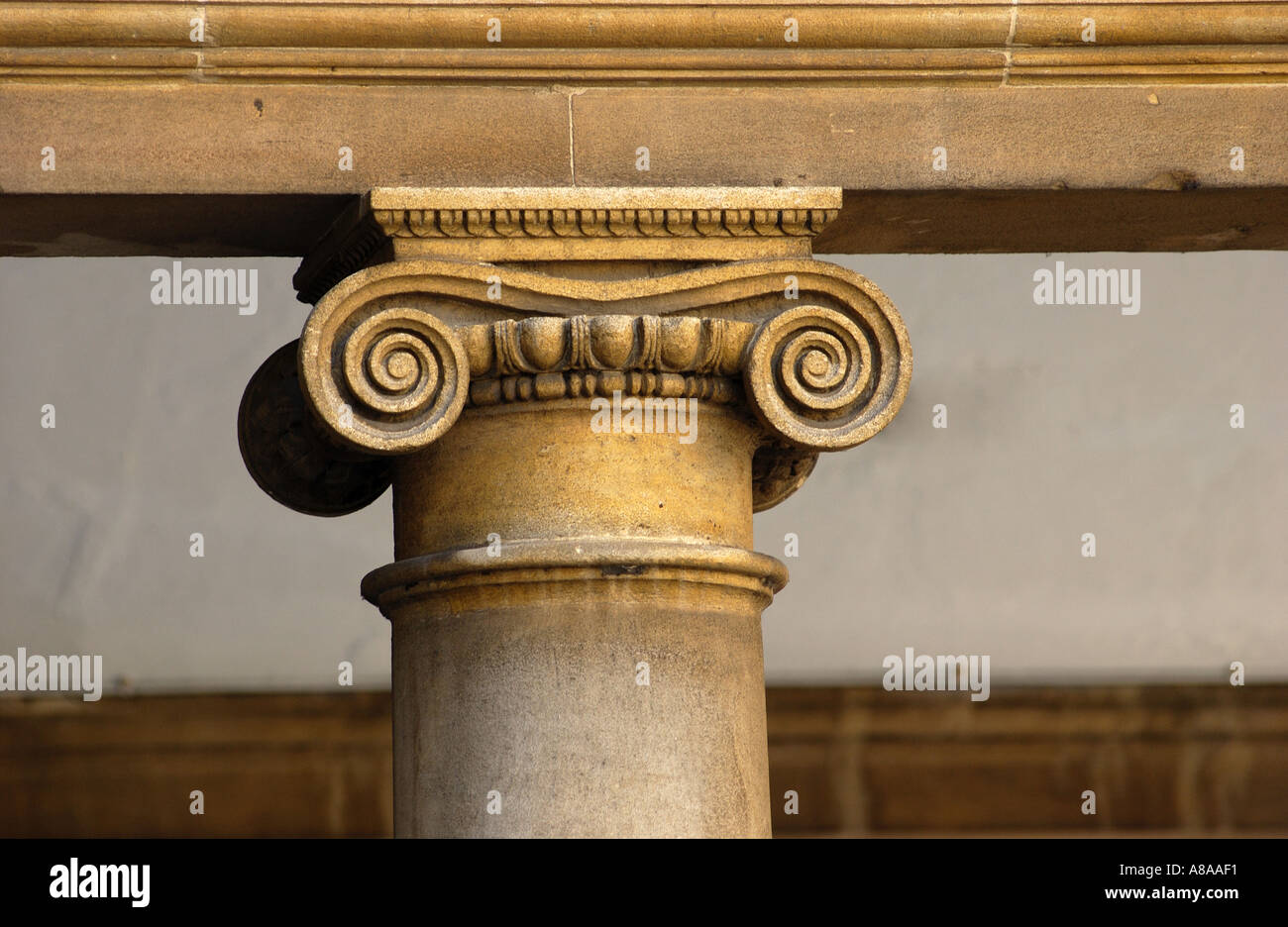 Columna romana en un clásico edificio georgiano de la ciudad Romana de Bath, Avon, Inglaterra, Reino Unido. Foto de stock