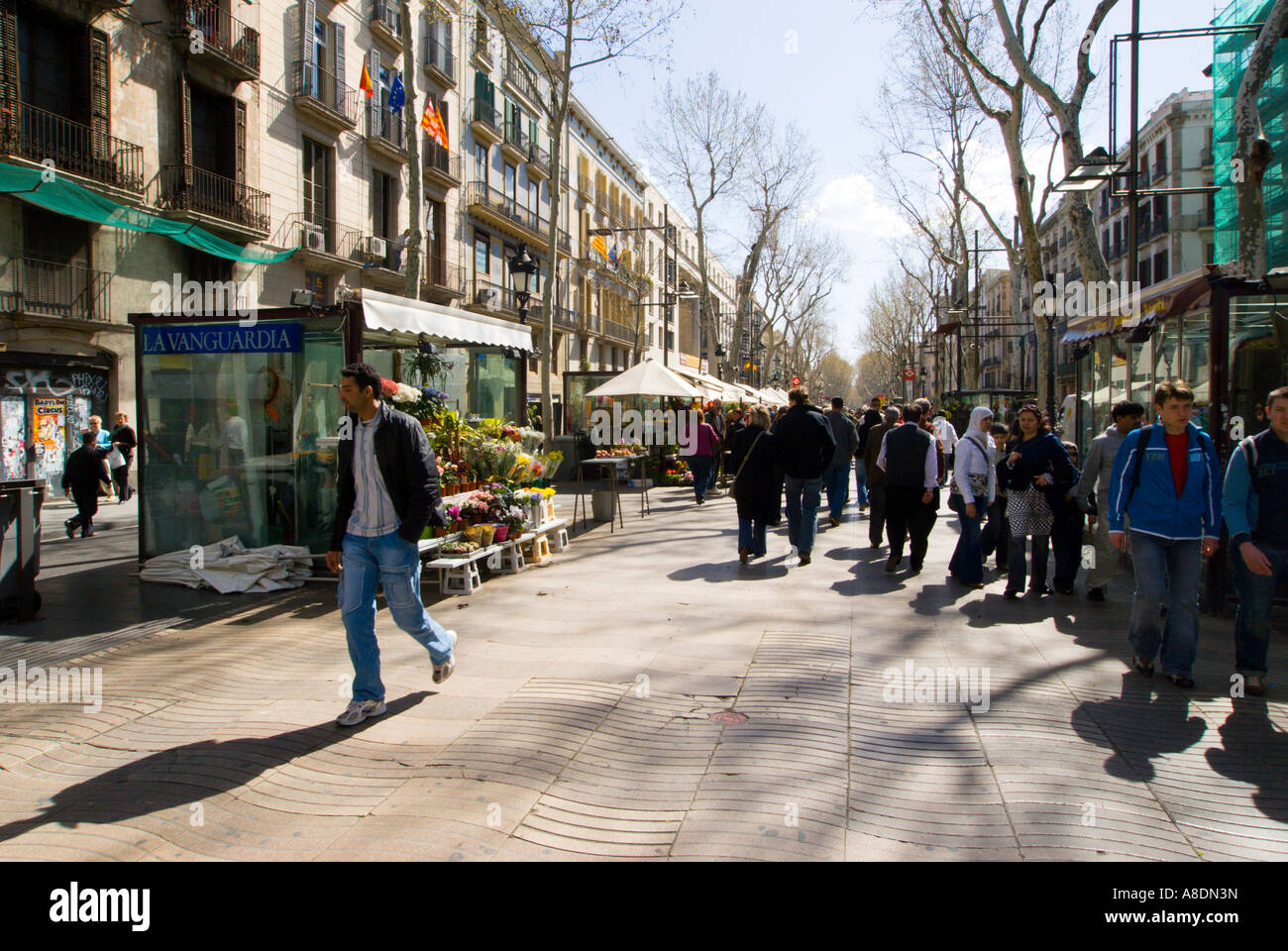 Las Ramblas de Barcelona avenida peatonal central en un frío día brillante  a principios de la primavera Fotografía de stock - Alamy