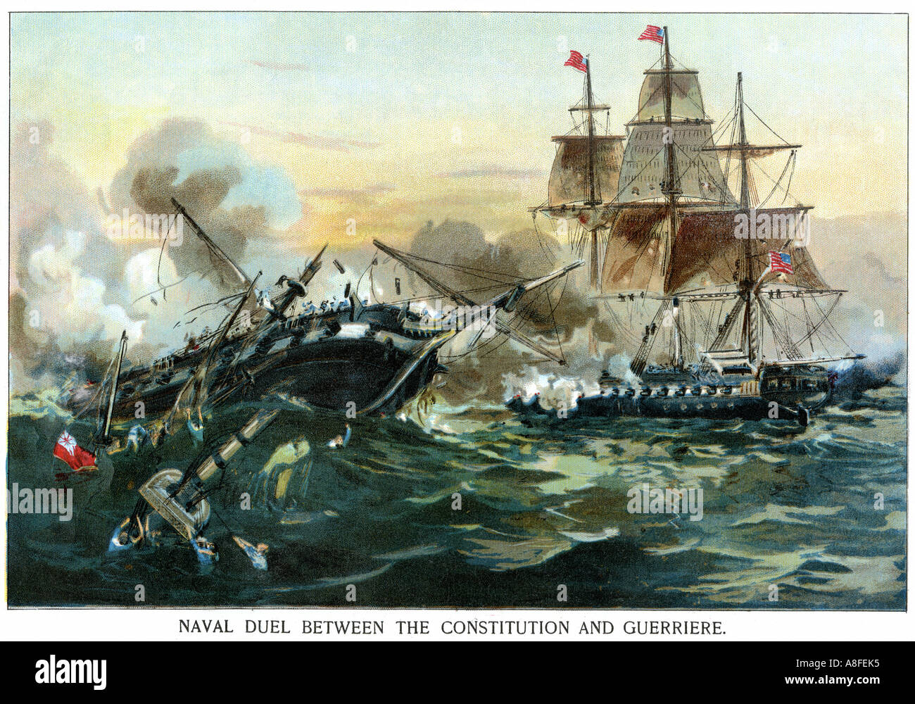Batalla naval entre la fragata USS Constitution y el Guerriere buque británico en la guerra de 1812. Litografía de color Foto de stock