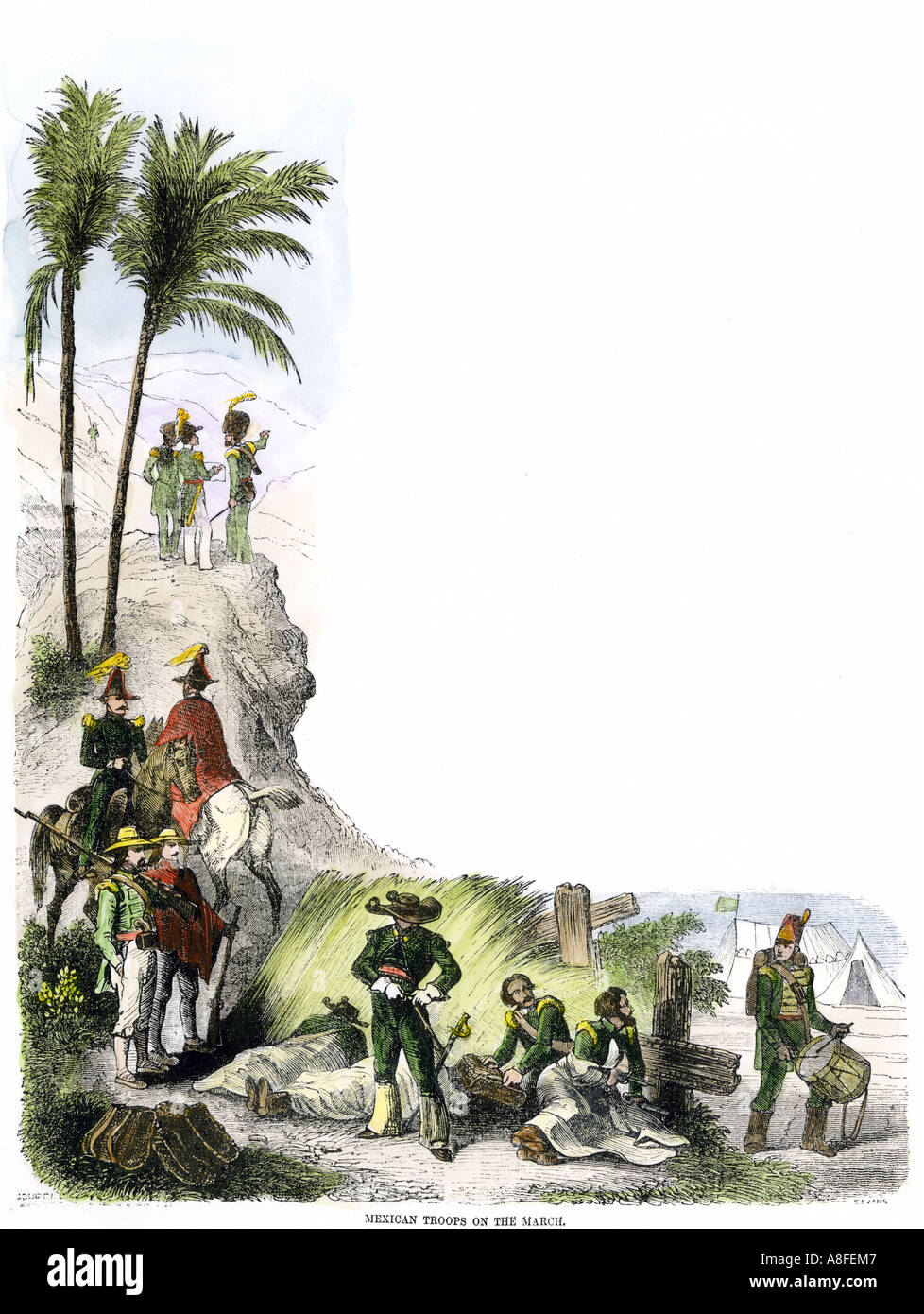Las tropas mexicanas sobre la marcha durante la Guerra Mexicana 1840s. Xilografía coloreada a mano Foto de stock