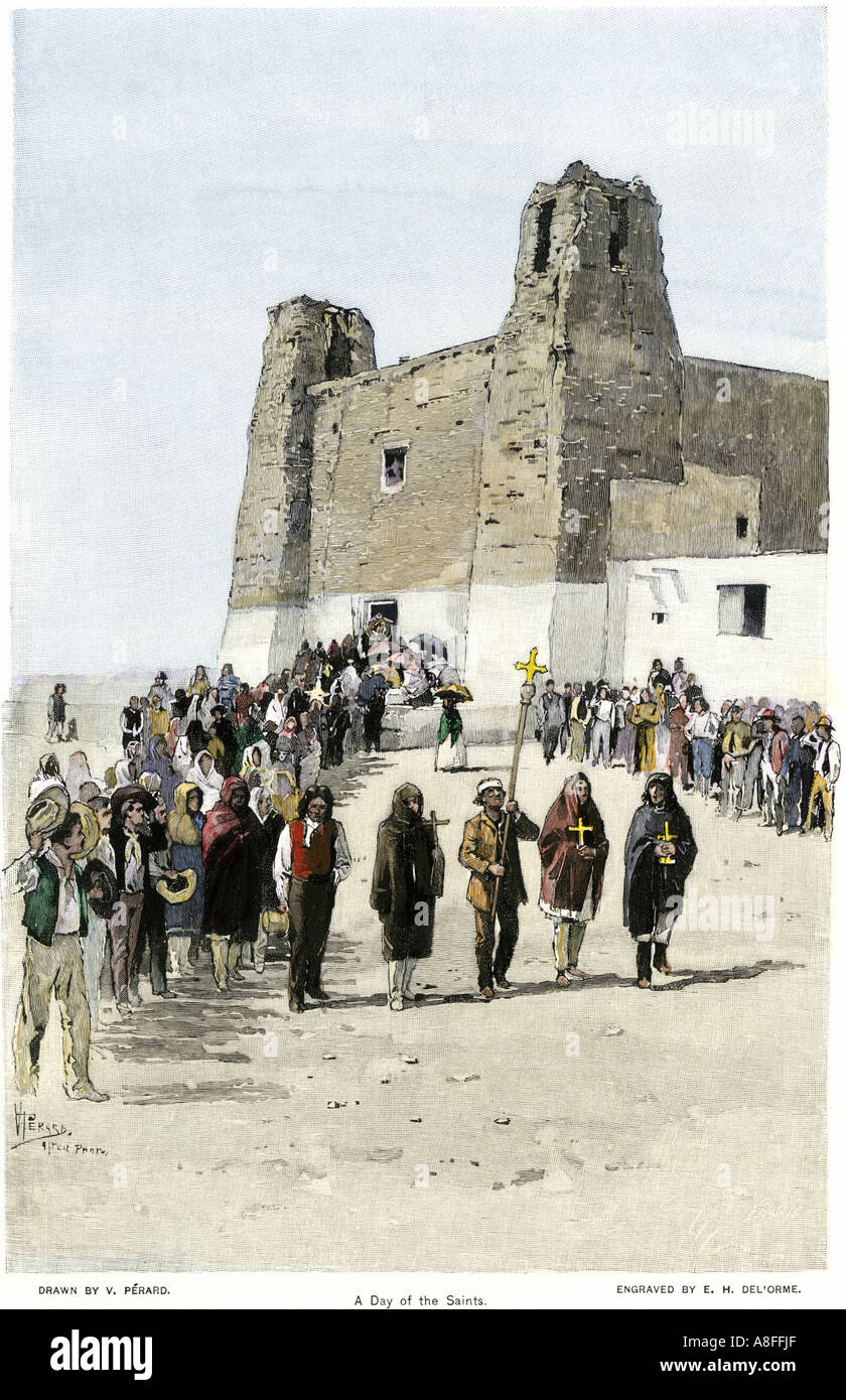 Los Santos procesión en una aldea de los indios pueblo de Nuevo México de 1800. Xilografía coloreada a mano Foto de stock