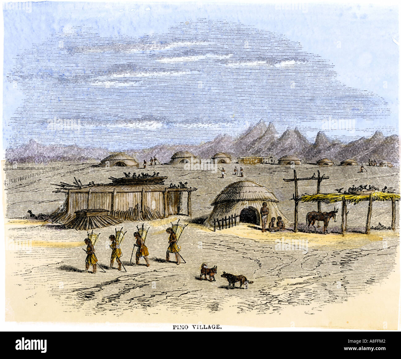 Piman Indian Village en el desierto del suroeste de los 1800s. Xilografía coloreada a mano Foto de stock