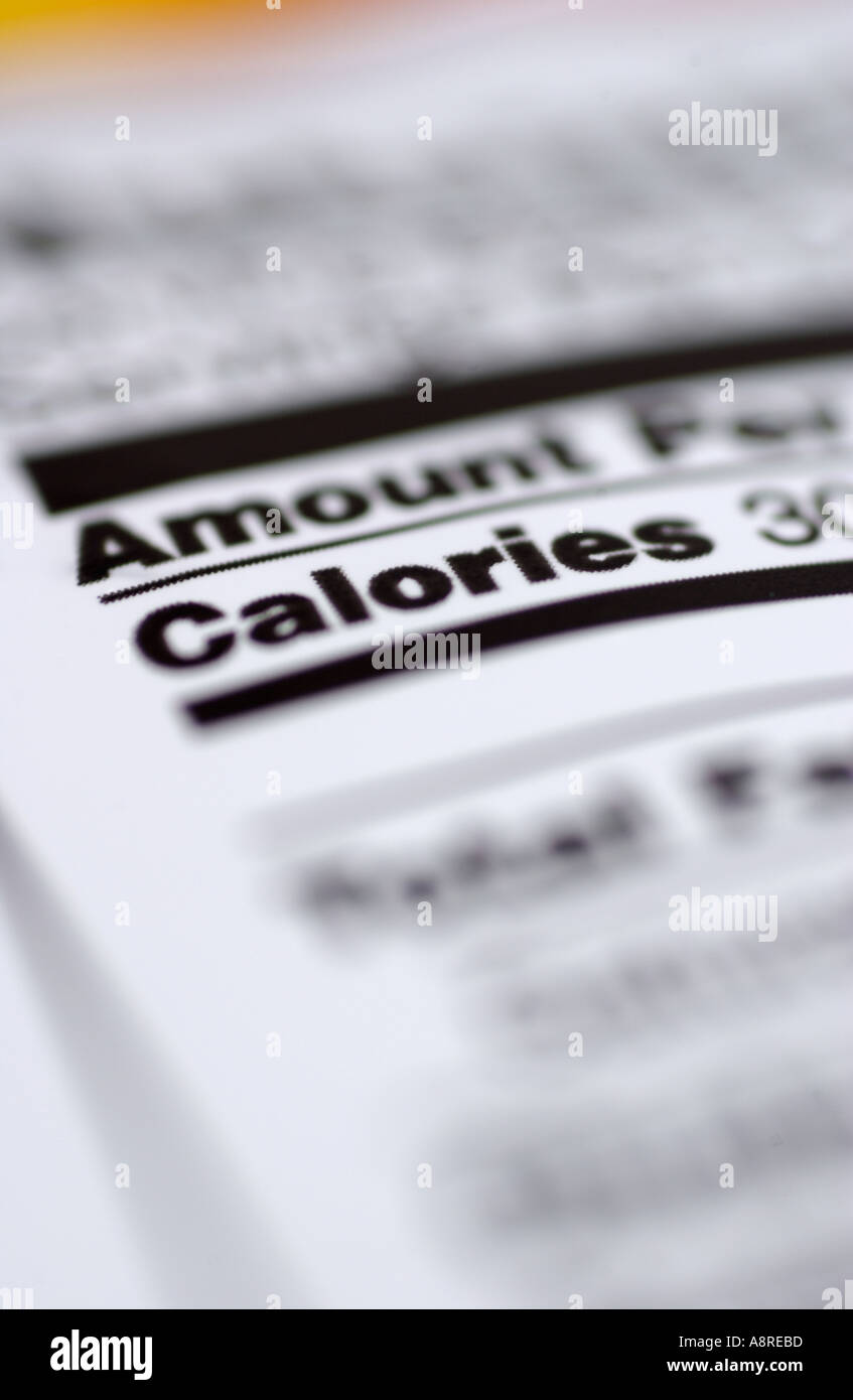 La etiqueta nutricional calorías Foto de stock