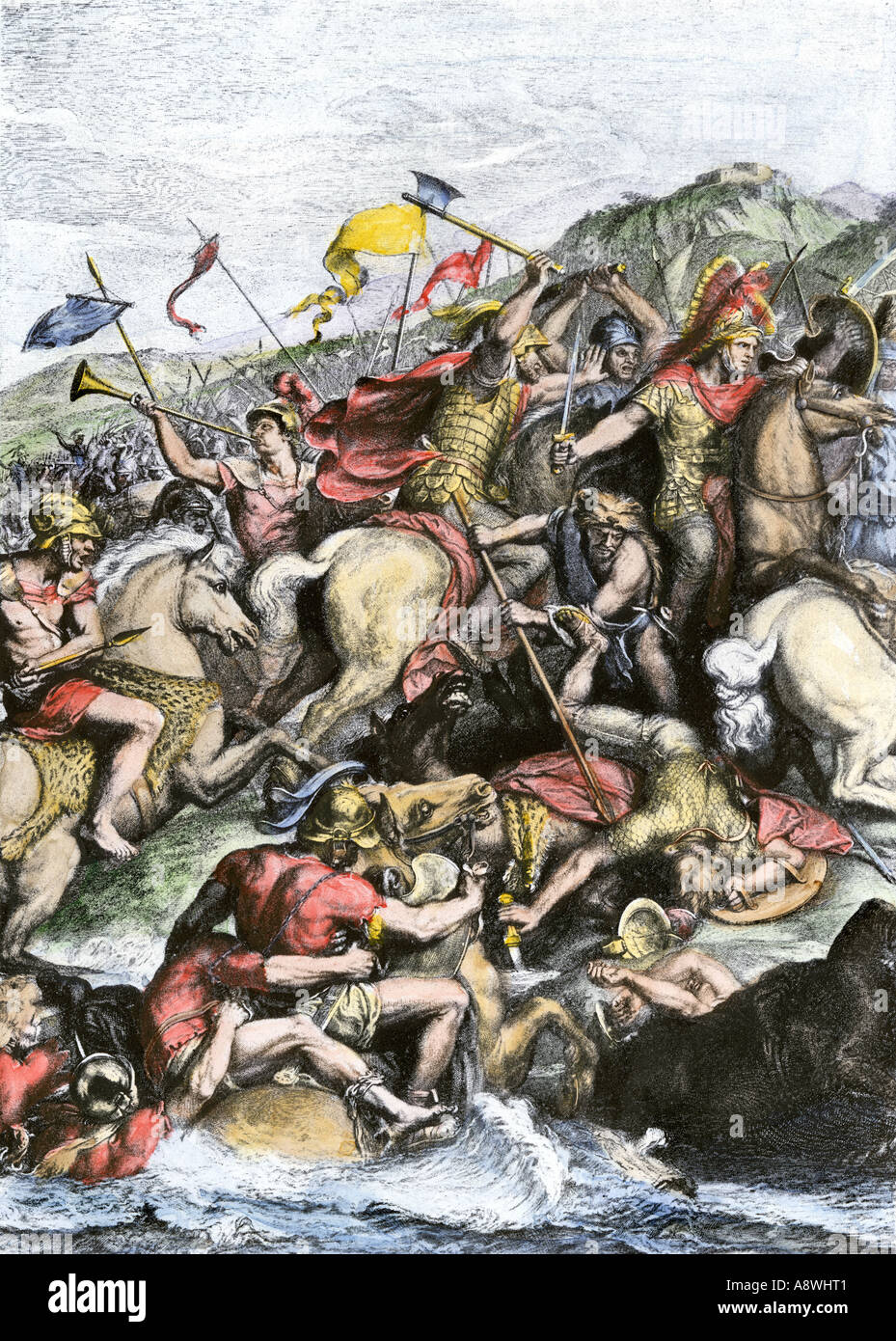 Cargo de Alejandro Magno en Granicus derrotar al ejército persa de Darío III en 334 AC. Mano de color halftone de ilustración. Foto de stock