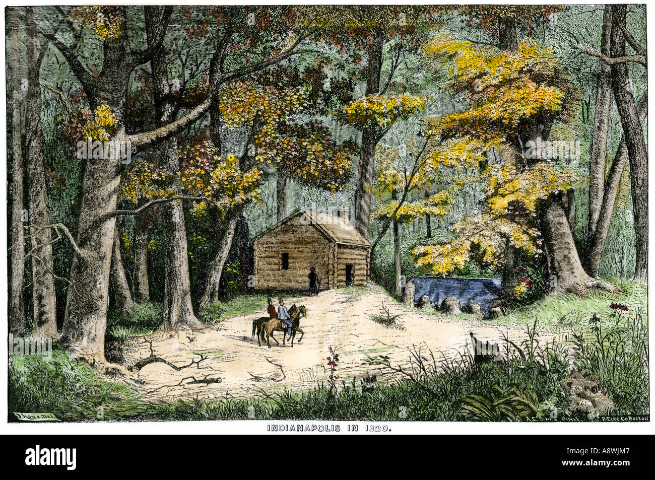 Primer colono cabaña en Indianapolis, Indiana, 1820. Xilografía coloreada a mano Foto de stock