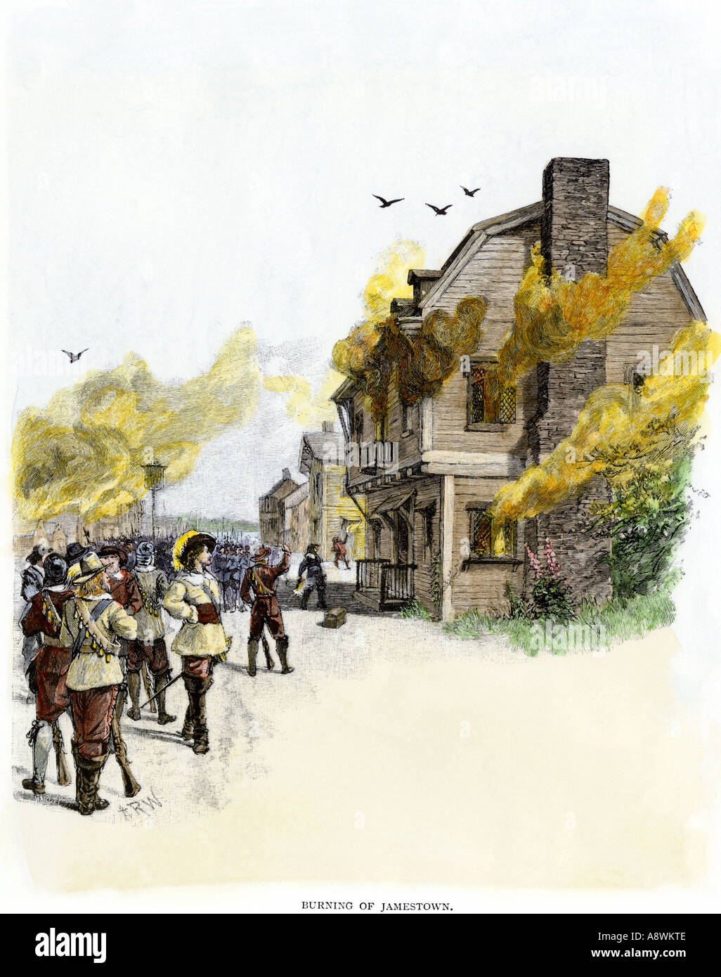 Quema de Jamestown en la colonia de Virginia durante la rebelión Bacons 1670s. Xilografía coloreada a mano Foto de stock