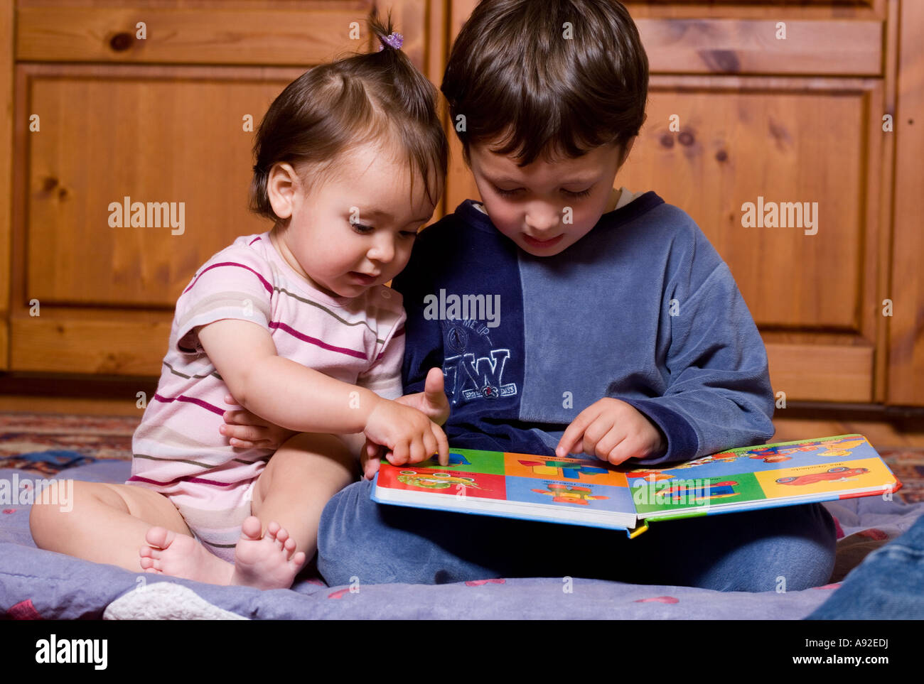 El hermano y la hermana mirando un libro de imágenes Foto de stock