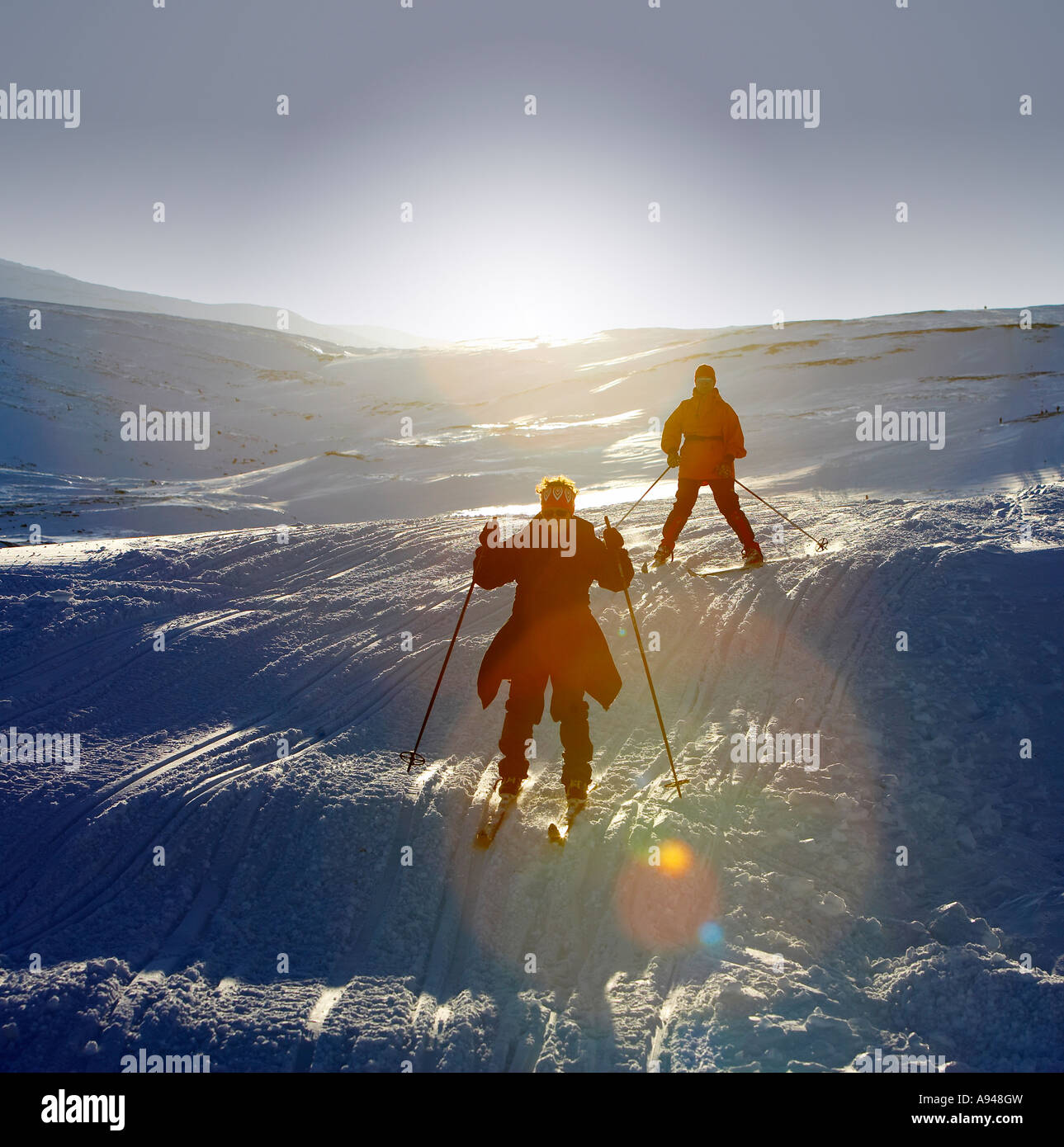 Los esquiadores, Bjorkliden, Laponia, Suecia Foto de stock
