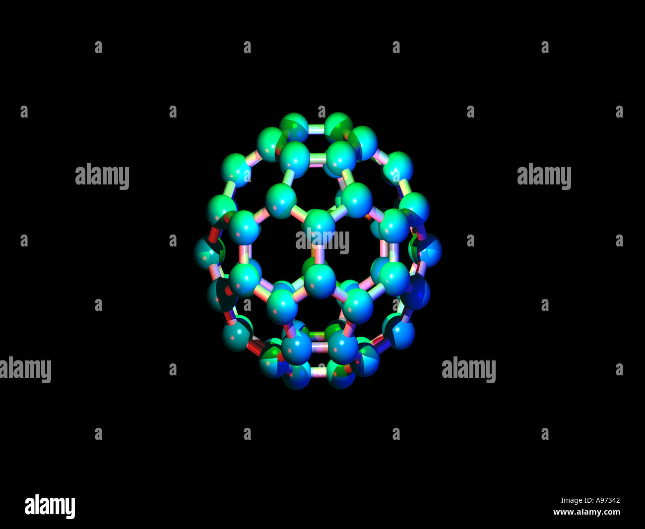 C60 es una forma elemental de carbono compuesto de átomos de carbono dispuestos en una estructura de jaula como un balón de fútbol americano Foto de stock