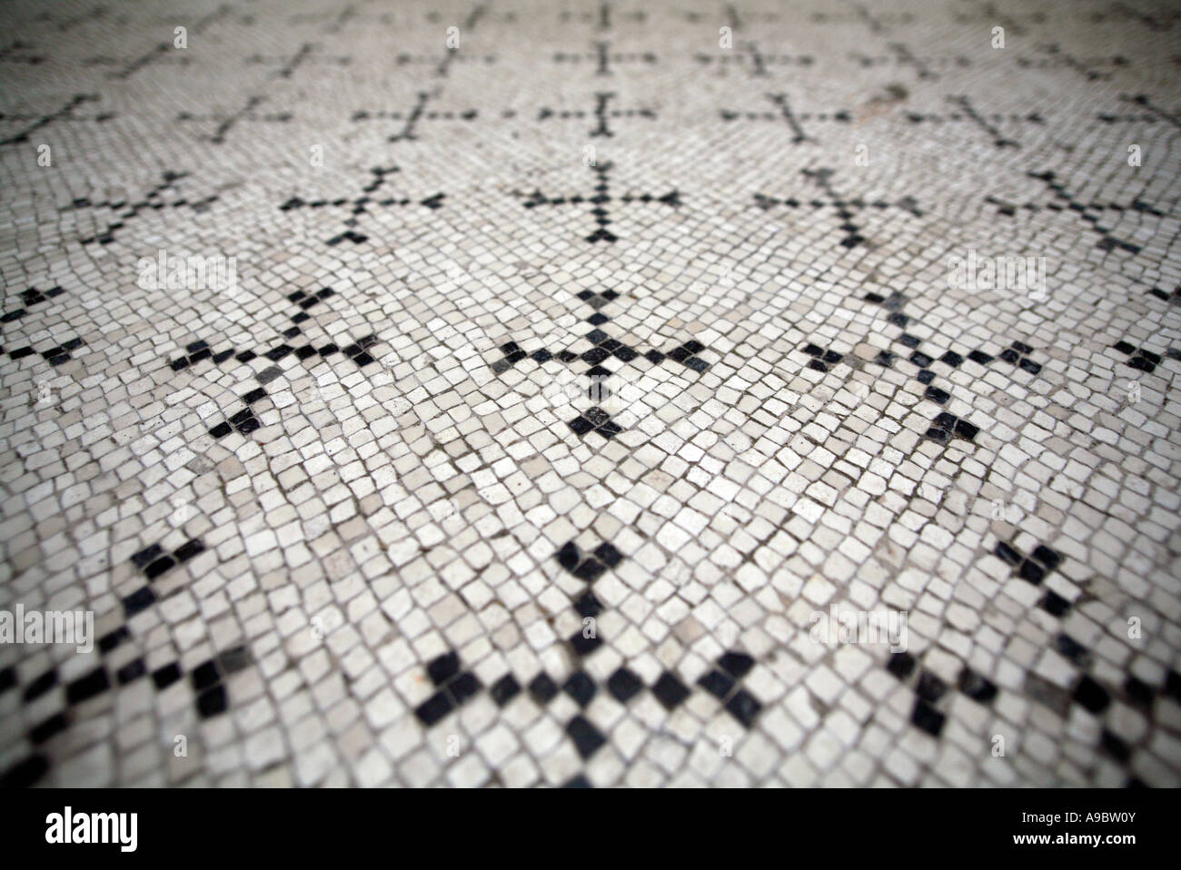 Bien conservado y piso de mosaicos blancos y negros en Pompeya Foto de stock