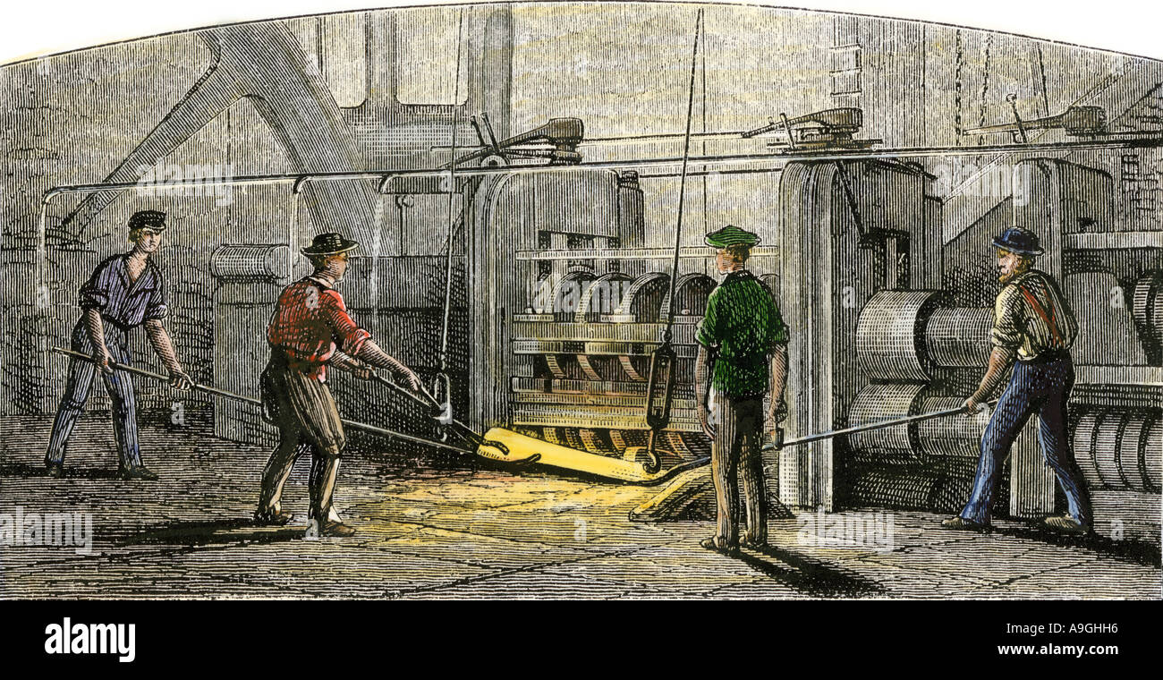 Vulcan Iron Works en Carondelet, Missouri a mediados del 1800. Xilografía coloreada a mano Foto de stock
