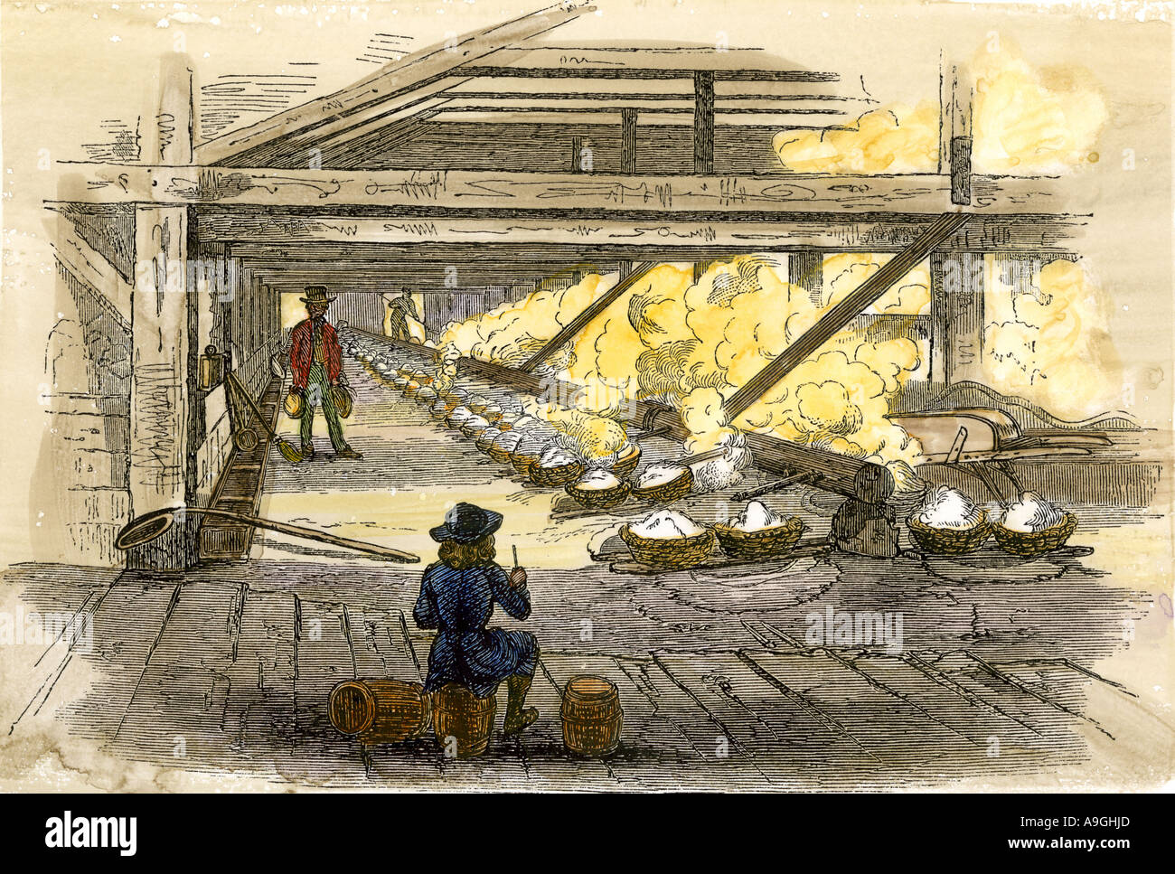 Vista interior de las salinas en West Virginia de 1850. Xilografía coloreada a mano Foto de stock