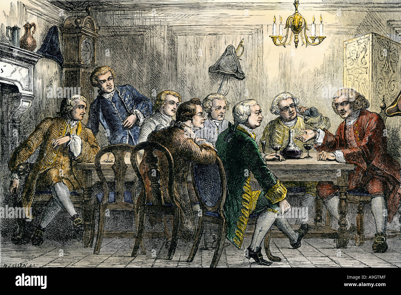 Samuel Johnson y James Boswell en el club literario en Londres 1700. Xilografía coloreada a mano Foto de stock