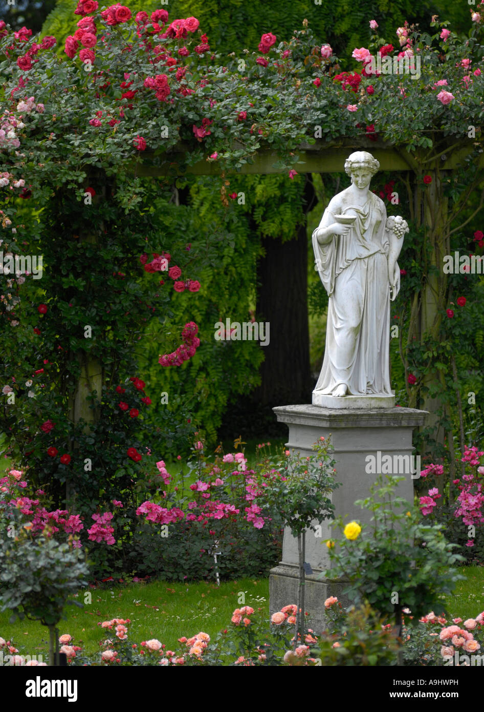 Estatua de mármol italiano en el jardín de rosas de la Isla de Mainau, Baden-Wurtemberg, Alemania Foto de stock