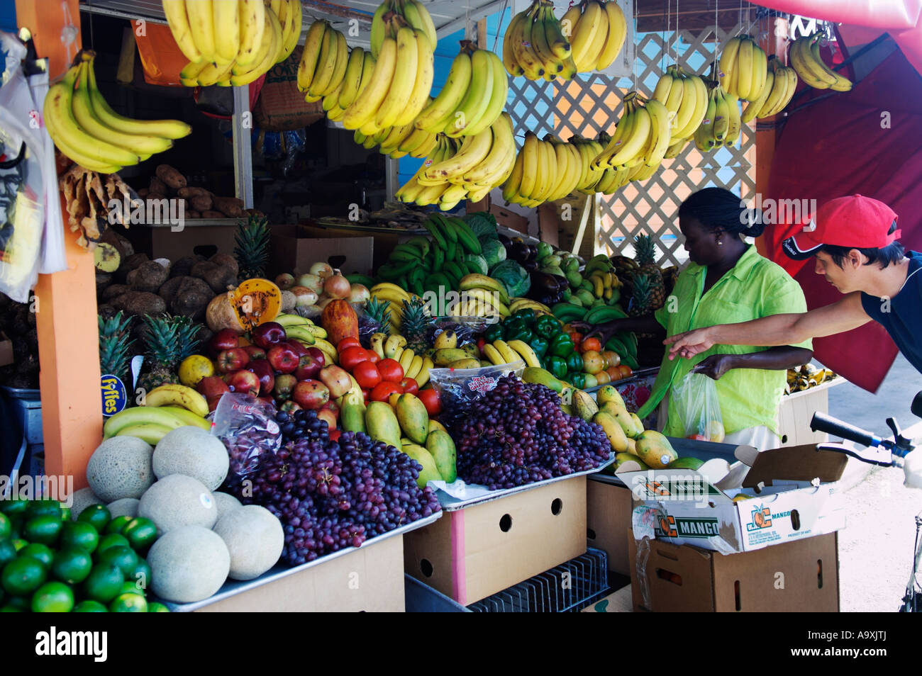 Calado de frutas y verduras en el mercado Freeport Bahamas Foto de stock