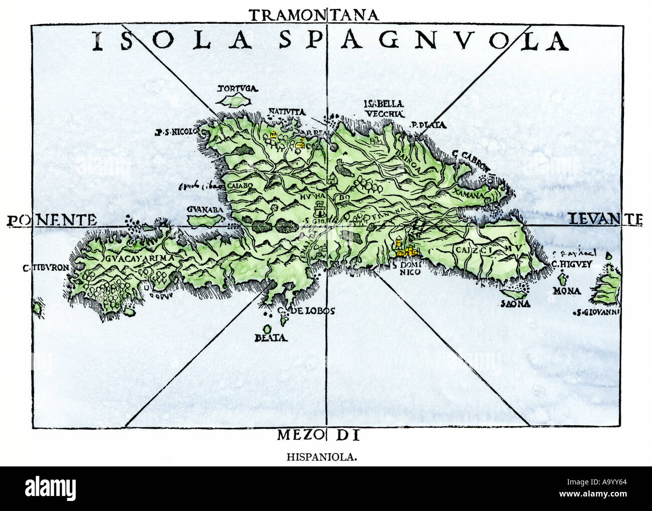 Mapa de la isla Hispaniola en 1534 de la cartografía de San Pedro Mártir y Oviedo. Xilografía coloreada a mano Foto de stock