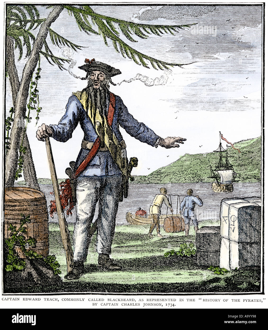 El capitán Edward Teach comúnmente llamados Blackbeard the pirate. Xilografía coloreada a mano Foto de stock